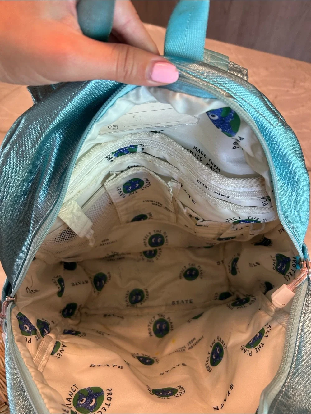 STATE Teal Shimmery Backpack with Pink Cloud Motif